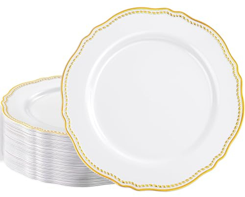 Hioasis 60pcs Gold Plastic Plates - White and Gold Disposable Dinnerware with Gold Rim, Heavy-duty, 10 inch, Dinner Plates for Party & Wedding