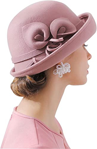 RZTA Damen Vintage 100% Wollfilz Glocke Eimer Bowler Hut Winter Vintage Schleife Fedoras Kirche Derby Fascinator Hut, A01-pink, Einheitsgröße