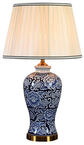 FAZRPIP Blaue und weiße Keramik-Tischlampen Chinesische Schlafzimmer-Nachttischlampe Blaue und weiße bemalte Ginger Jar-Keramik-Schlafzimmer-Nachttisch-Nachttischlampe