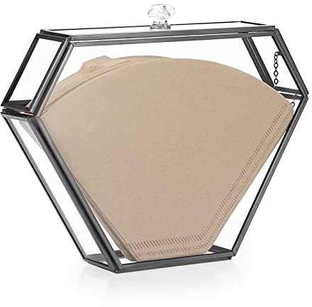 ELLDOO Black Glass Coffee Filter Holder Coffee Paper Storage Container Filter Paper Dispenser Rack with Dustproof Cover