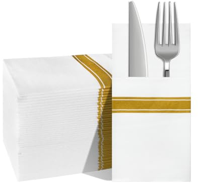 JEBBLAS Einweg-Servietten aus Leinengefühl, integrierte Bestecktasche, dekorative Hochzeitsservietten, gefaltetes Stoff, wie Party-Serviette, weich, stark, 100 Stück, Golddruck