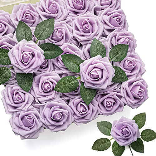 Mocoosy 50 fiori artificiali rosa lilla, rosa finta in schiuma viola chiaro con stelo per bouquet da sposa centrotavola composizioni floreali artigianato fai da te decorazioni per la casa per feste