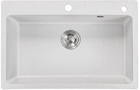 Lavello da Cucina Topmount in Pietra di Quarzo Bianca a 2 Fori a Vasca Singola, lavello in Granito a ribalta con Rubinetto Combinato e Accessori, Set da 8 Pezzi