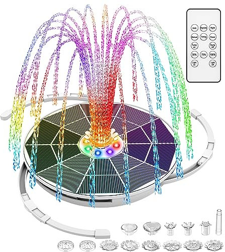 AISITIN 6.5W Solar Fountain with Light and 3000mAh Battery, Fountain Pump with Remote Control and 8 Different Solar Water Pump Nozzles, Solar Water Fountain of Bird Bath, Garden, Pond and Pool