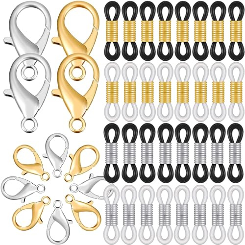 Brillenkettenenden, Brillenkettenverbinder, 200 Stück verstellbare Federgummienden Verbindungsstücke, 100 Karabinerverschluss für Brillenband, Brillenhalter, Sonnenbrillenband, Gesichtsmaskenverbinder