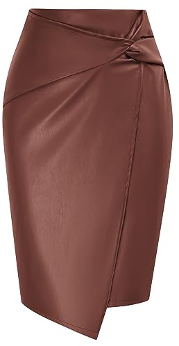 Kate Kasin Faux Leather Wear to Work Pencil Skirts for Women Elastic High Waist Wrap Front Weekend Skirts Dark Brown-Leather XL