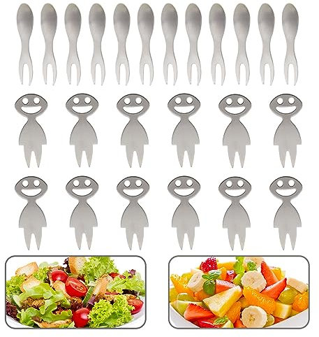 SENZEAL 24 Stück Obstgabeln Edelstahl Mini Fruchtgabeln Dessertgabeln Kuchengabeln Lustige Wiederverwendbare Obst Gabel Set für Haus Küche Picknicks Party