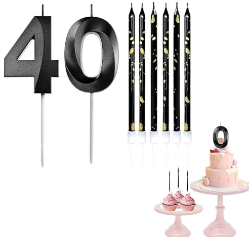 YAAVAAW 40th Birthday Candles Black Number 40 Candles for Birthday Cake with Black Long Candles, Black 40 Candles for Cake Birthday Cake Topper Decorations for Women Men Birthday Party
