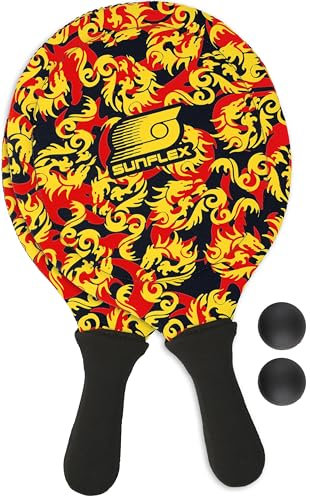 Sunflex® Neopren Beachball Set Flames Dragon mit Zwei Schlägern und Zwei Bällen|weich und leicht|extrem robust und wasserfest | Schlägerspiel für Strand und Wiese