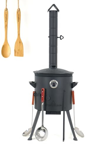 ZARENHOFF Set - Usbekischer Gusseisen Kasan 10 L runder Boden, Deckel aus Aluminiumguss Schaumlöffel Schöpfkelle Holzspachtel Holzlöffel Thermometer (298)