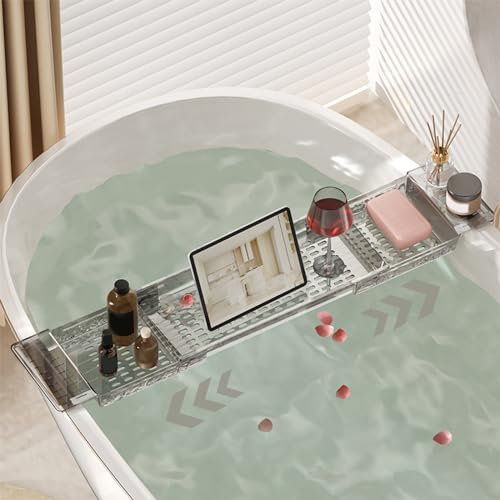 GIYDNEI Erweiterbares Badewannentablett, 22-31In Badewannen-Caddy-Tablett Für Badewanne, Badewannen-Tabletttisch, Wasserdichter Bad-Organizer Für Wein, Buch, Seife, Tablet,Grau