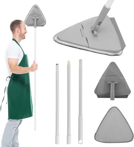 Wall Cleaning Mop with 51 Inches Long Handle Flexible Triangle Mop 3-in-1 Ceiling Cleaner Tool Duster with Squeegee Microfiber Dry and Wet Glass Dust Cleaner for Walls Windows Floors Baseboard