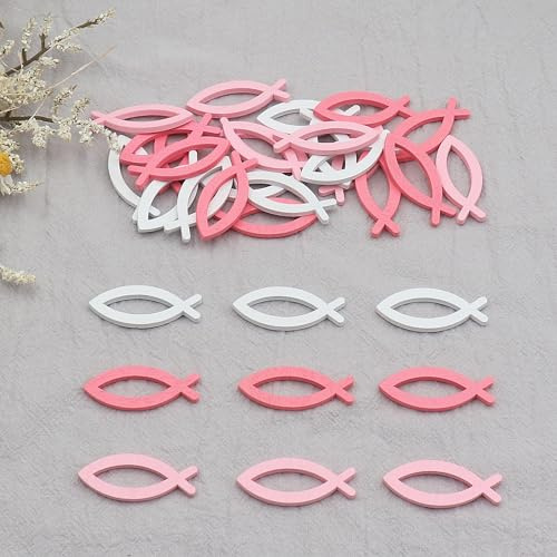 WANYI 90 Stück Fisch Deko Holz Tischdeko Konfirmation Streudeko Taufe Deko Holzfische Kommunion für Mädchen Junge Taufedeko (weiß, rosa, hellrosa)