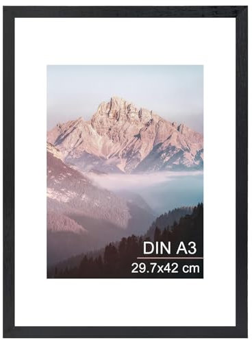 OMISHE Massivholz Bilderrahmen A3 29,7x42 cm, Schwarzer Holz Bilderrahmen DIN A3 mit A4 Passepartout und Plastikhülle für Wand, Schwarz, 1 Pack