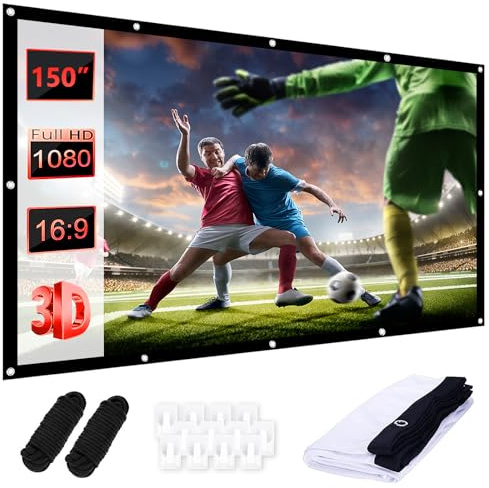 Leinwand Beamer 150 Zoll, 16:9 HD Beamer Leinwand Outdoor, Projektor Leinwand, Tragbarer Faltbarer Projektionswand mit Haken und Seil für Zuhause, Schule, Treffen, Camping, Heimkino(12 Löcher)