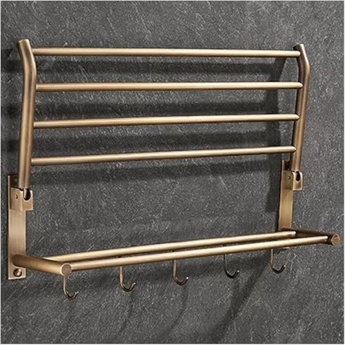 Towel Rack Antique Brass Bathroom Towel Rail,Foldable Wall Mounted Bath Towel Holder,Rustproof Towel Bars and 5 Towel Hooks,Lavatory Towel Hange,One Color,50cm/19.7in