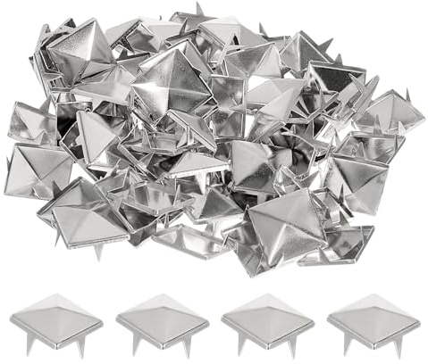 sourcing map Quadratische Pyramidennieten, 15 mm, Vierbacken-Nieten, Kupfer, Punk-Rock, Nagelkopf-Punkte, für Kleidung, Tasche, Lederschuhe, Silberfarben, 80 Stück