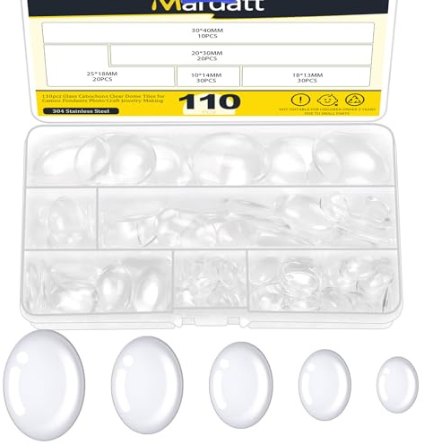 Mardatt 110Pcs 5 Sizes Oval Clear Glass Cabochons, Flat Back Transparent Glass Dome Cabochons Tiles Clear Glass Dome Tiles for Jewelry Making Photo Pendant Craft