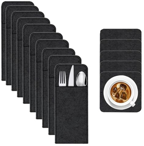 YSJCHEBS 10-Teilige Bestecktaschen Und 5-Teilige Untersetzer, Bestecktaschen Aus Filz, Tischdekoration, Isolierte Untersetzer, Quadratische Untersetzer, Restaurantbedarf