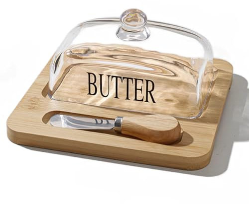 Bamberg Elegante Butterdose im Nordischen Stil mit Deckel, Holztablett und Glasabdeckung - Stilvolles Küchenzubehör mit Butterschneider A