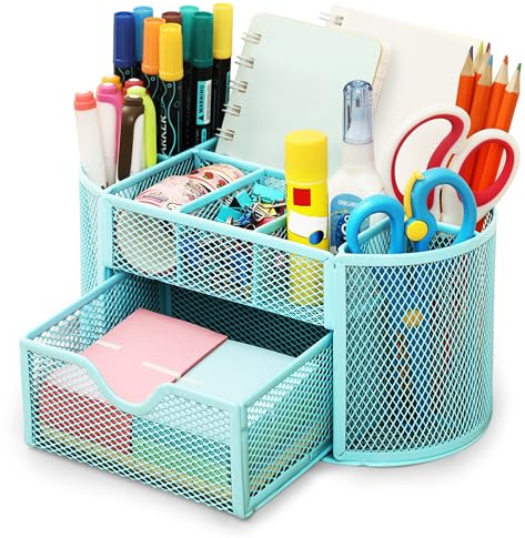 Chumix Schreibtisch Organizer, Büro Organizer mit Schublade und Stifthalter, Anti-Slip Mesh Metal Desk Organizer, Platzsparendes, para Hause, Schule, Büro (Hellblau)