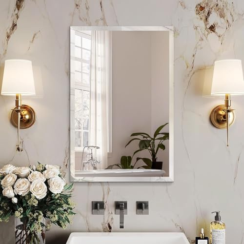 Duprima Rectangle Bevelled Frameless Mirror - Wall Mirror 16” x 24”, Shatterproof Modern Bathroom Mirror for Gym, Bathroom Vanity, Entryways with Bevelled Edge, Horizontally or Vertically