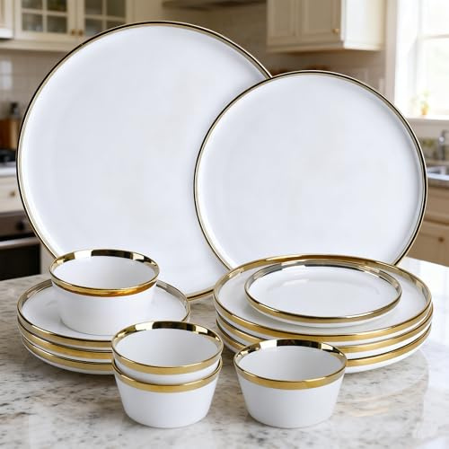 ArtClayz 12 Pieces white and Gold Porcelain Dinnerware Set, Plates and Bowls | Dinner and Salad Plates, Ramen Bowls, Dishes for 4 | Chip and Crack Resistant | Dishwasher & Oven Safe Dishes Set