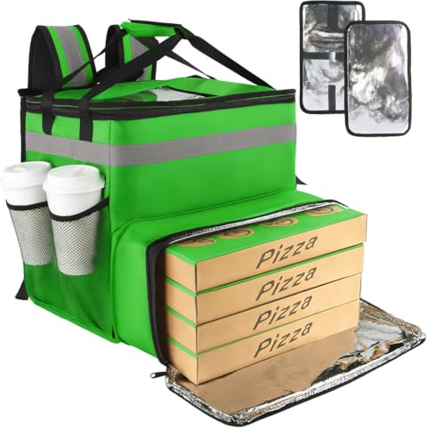 CIVJET Expandable Food Delivery Package, Green, XX-Large（Expandable）, Food Delivery Backpack | Expandable Cooler Bags for Bike/Motorcycle with Reflective Strip and Cup Holders, Pizza Food Delivery Bag with Hand Straps