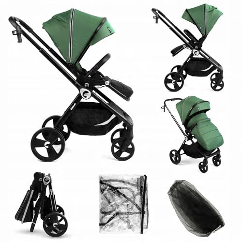 Kidnort Isbjörn Buggy Kinderwagen ab Geburt bis 22 kg – wendbarer Sitz, 360° Räder, Liegefunktion & Fußstütze, XXL Sonnenverdeck, Einhand-faltbar, inkl. Regenschutz, Moskitonetz & Fußsack, Grün