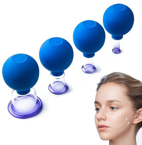 4 Stück Schröpfgläser mit Silikon Saugball,Schröpfglas Set aus Echtglas, Face Cupping Set gegen Falten & Verspannungen, Schröpfgläser Mit Vakuumpumpe für Entspannung und Schmerzlinderung-Blau