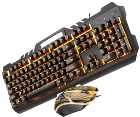 SOIMISS Teclado y Ratón Metálicos Retroiluminación RGB para Oficina y Gaming, Conjunto USB Retroiluminado Color Naranja, Diseño Resistente y Antisalpicaduras, Adecuado para Uso Profesional y Moderno