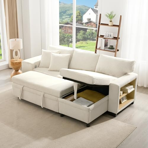 Sofá esquinero convertible en forma de L, sofá plegable con función de sueño, con puerto de carga USB y cojín, sofá convertible de 3 plazas con estantes laterales y espacio de almacenamiento (beige)
