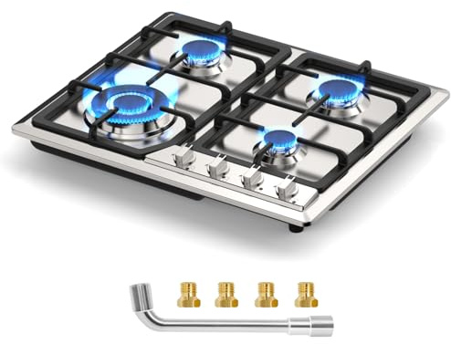 Nardea Gas Stove Top, 4 Burners LPG/NG Convertible Stainless Steel Gas Stove Top with Thermocouple Flameout Protection, Electric Ignition Built-in Countertop Hob for RV, Indoor & Outdoor Use