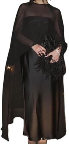 Nicoxijia Women Chiffon Shawl Wraps Cape Mesh Sheer Poncho Top Flowy Capelets for Evening Dress Wedding Party Capes Cover Up (Black, One Size)