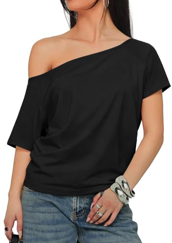 INFITTY One Shoulder Tops for Women Short Sleeve Tee T-Shirt Plus Size Sexy Tops Summer Cute Clothes Black S