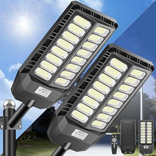 JADIDIS Lampadaire Solaire d'extérieur avec Détecteur de Mouvement et Télécommande, Lampes Solaires LED 6500K, étanchéité IP66, Lampadaire du Crépuscule à l'aube pour Cour, Terrasse 2 Pièces