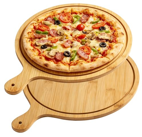 BORDEAG Pizzabrett, 2 unidades Pizzabrett Redonda 30 Cm, Platos de Pizza de Madera, Pizza Tabla de Madera con Mango Para Cortar Y Servir Pizza, Pizza Pastel, Queso y Salchichas (color madera natural)
