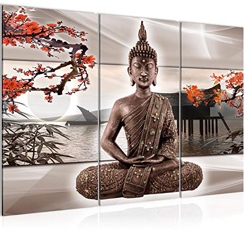 Runa Art Wandbilder Buddha Feng Shui Bild XXL Wohnzimmer Schlafzimmer Beige Rot Kirschbaum 120 x 80 cm 3 Teilig 503231c
