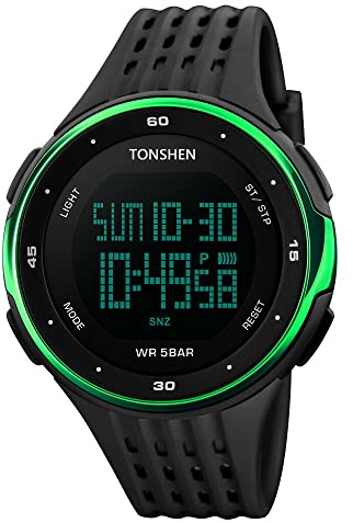 TONSHEN LED Digitaluhr Outdoor Sportuhr 50M Wasserdicht Armbanduhr Elektronische Militär Tactical Uhren 12H/24H Zeit Kalender Alarm Stoppuhr EL Licht Plastik Lünette mit Silikon Band