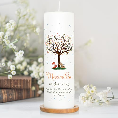 Wandtattoo Loft Taufkerze Junge Motiv Baum mit Hase und Fuchs, 25cm x 8cm, personalisierte Kerze, bedruckte Kerze zur Taufe, Stumpenkerze, individuelles Taufgeschenk