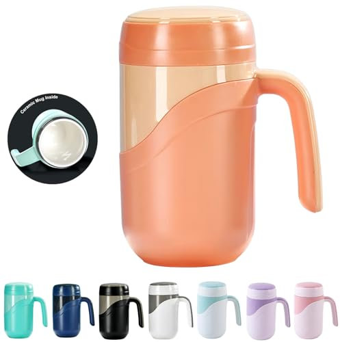 Klaraber Ceramic Travel Mug 12oz, 350ml Ceramic Liner Insulated Mug with Leak Proof Lid and Handle, Perfect for Coffee or Tea, Suitable for Using at Home, Office or School(Orange)
