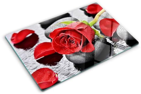 Glasschneidebrett 80x52 cm Hitzebeständig Gehärtetes Glas Rutschfest Silikonfüße Plastikfrei Lebensmittelecht Dünn Glasplatte Antibakteriell Dekorativ für die Küche - Rote Rose