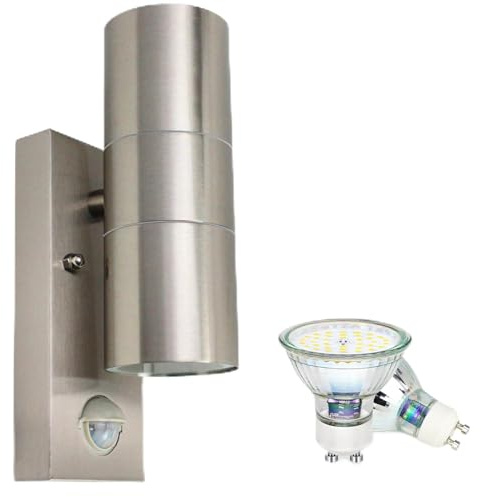 Allesgute LED Außenleuchte mit Bewegungsmelder IP44 Modern UP Down Wandleuchte Aussen Gebürstet Edelstahl Wandlampe für Garten Balkon, Inkl. 5W 500LM GU10 Leuchtmittel Warmweiß