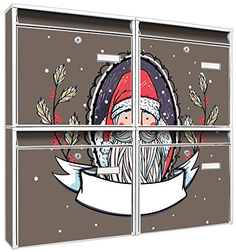 banjado Briefkastenanlage 4 Fach - Postkästen groß - verzinkter Stahl weiß DIN A4 Motiv Merry Xmas - Briefkasten Set 4 Briefkästen Namensschild, 2 Schlüssel, Montagematerial