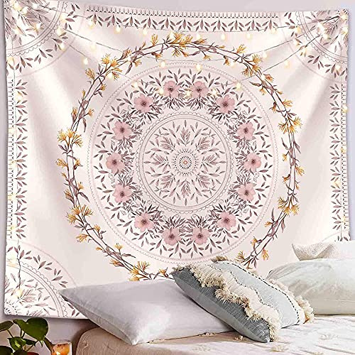 Tapiz bohemio blanco para colgar en la pared, mandala floral medallón hippie con diseño de corona estética, color marrón claro, manta de decoración de pared para dormitorio o hogar