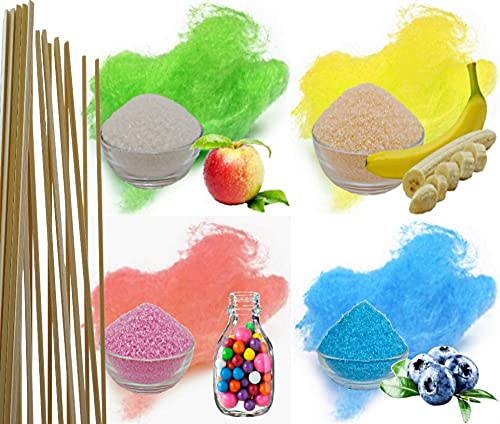 4x250g Aromazucker + 50 Zuckerwattestäbe für bunte Zuckerwatte mit Geschmack | Apfel, Banane, Bubble Gum, Heidelbeere | Farbzucker Zucker für Zuckerwatte Zuckerwattemaschine Zuckerwattezucker