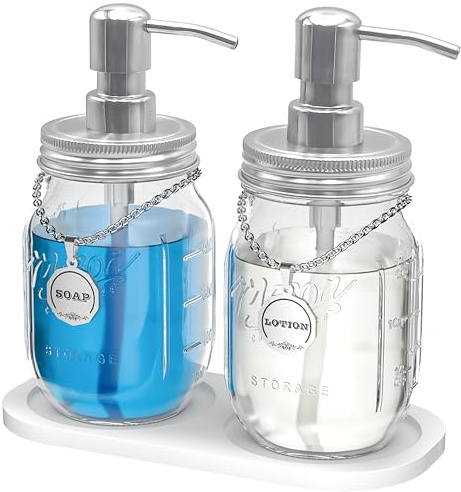 HvOvMvE Mason Jar Soap Dispensers with Rustproof Stainless Steel Lid and Pump, Perfect for Bathroom or Kitchen (1, Silver)
