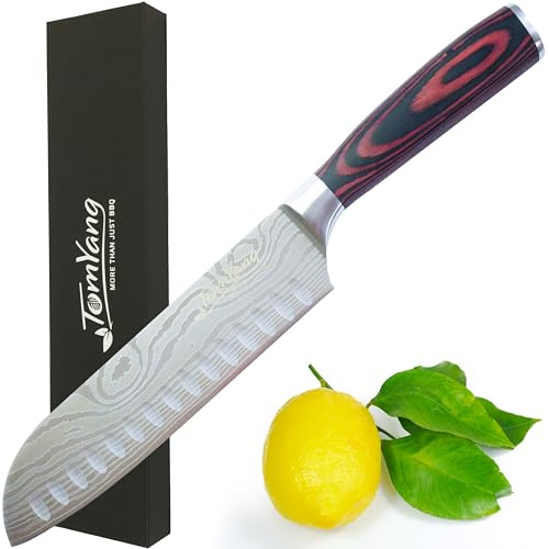 TomYang Santoku Messer, Kochmesser, Scharfe Messerklinge 17 cm, Küchenmesser aus deutschem Edelstahl, Damast-Küchenmesser mit ergonomischem Pakkaholzgriff, Professionelle Chefmesser