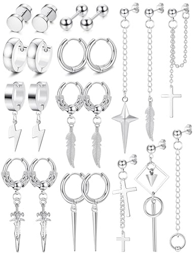 JeryWe 22 Paires de Boucles d'oreilles pour Homme Boucles d'oreilles en acier inoxydable avec charnière Set de boucles d'oreilles Kpop pour Homme Argent
