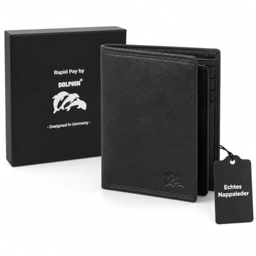 Dolphin® Herren Leder Geldbörse “Rapid Pay” - Brieftasche mit kontaktloser Schnell-Zahlungsfunktion in 3 Größen - Hochformat u. Querformat - Portemonnaie mit RFID Schutz (L - Hochformat)